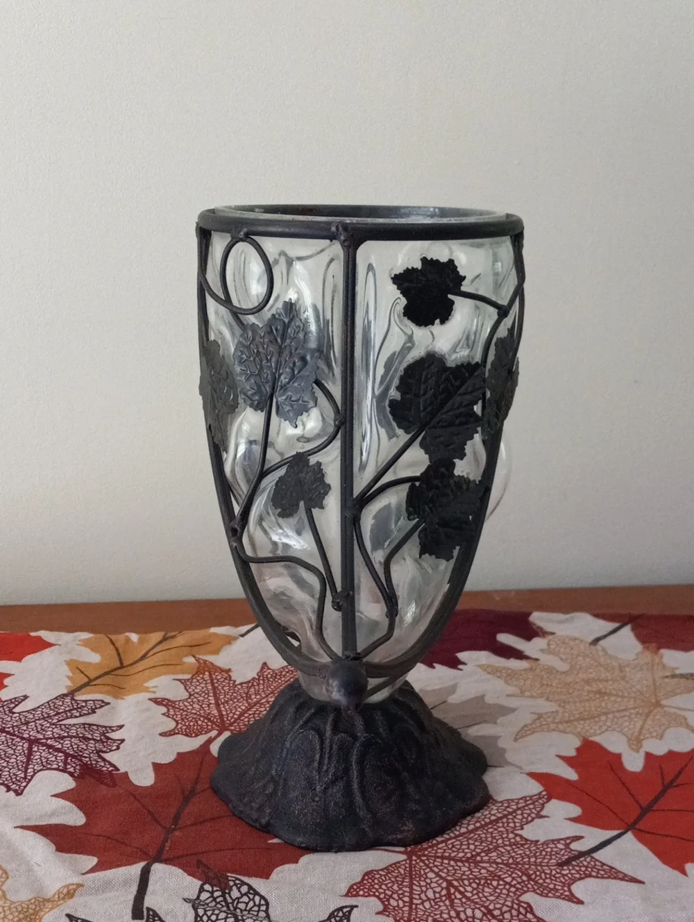 Caged Glass & Wrought Iron Cornucopia Horn of Plenty Fall Centerpiece Vase